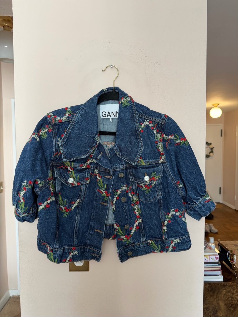 GANNI Floral Embroidered 3/4 Sleeve Cropped Denim Jacket